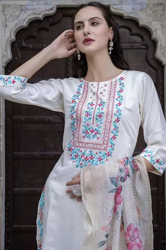 Viscose roman silk white ocassional wear embroidery work kurta set