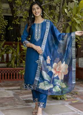 Viscose roman silk blue ocassional wear embroidery work kurta set 1