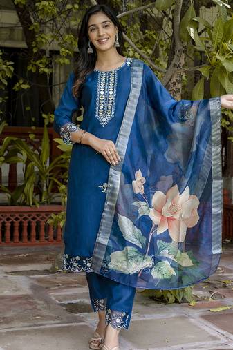 Viscose roman silk blue ocassional wear embroidery work kurta set