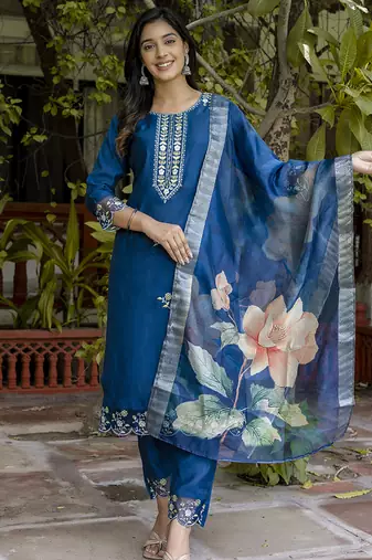 Viscose roman silk blue ocassional wear embroidery work kurta set