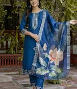 Viscose roman silk blue ocassional wear embroidery work kurta set