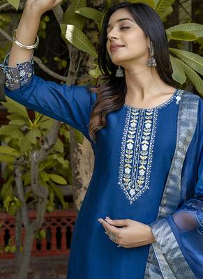 Viscose roman silk blue ocassional wear embroidery work kurta set 2