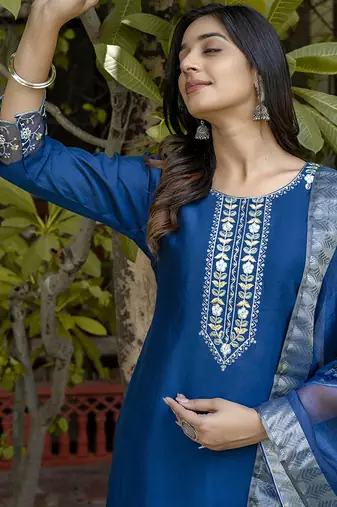 Viscose roman silk blue ocassional wear embroidery work kurta set
