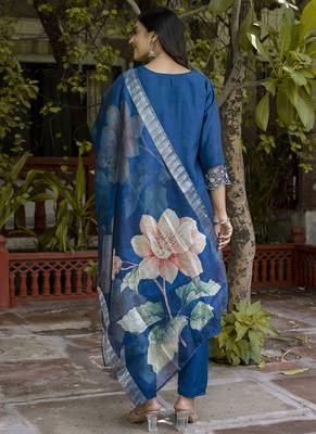 Viscose roman silk blue ocassional wear embroidery work kurta set 3