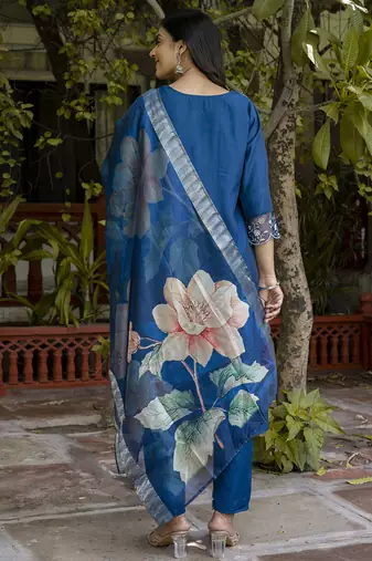 Viscose roman silk blue ocassional wear embroidery work kurta set
