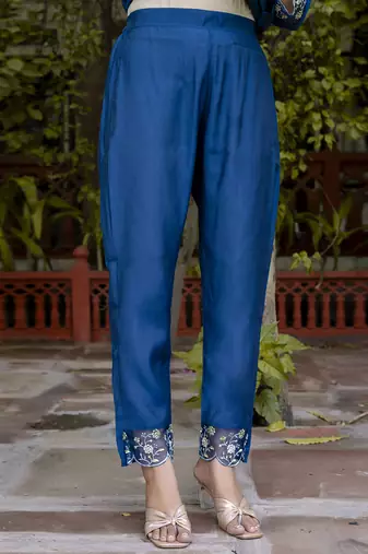 Viscose roman silk blue ocassional wear embroidery work kurta set