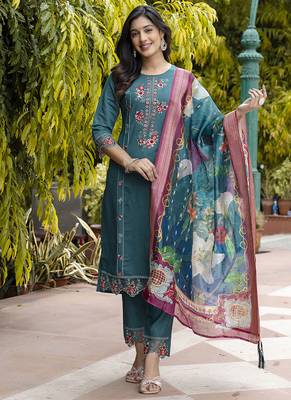Viscose roman silk teal green festival wear embroidery work kurta set 1