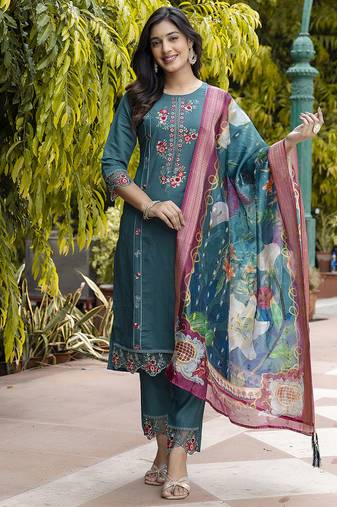 Viscose roman silk teal green festival wear embroidery work kurta set