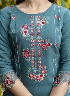 Viscose roman silk teal green festival wear embroidery work kurta set 2