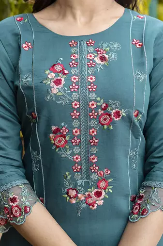 Viscose roman silk teal green festival wear embroidery work kurta set