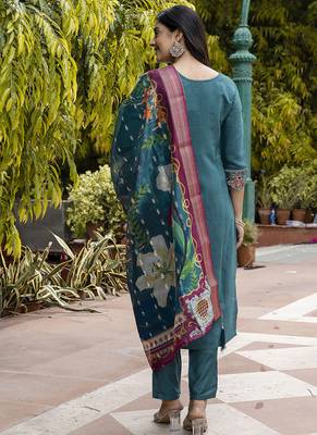 Viscose roman silk teal green festival wear embroidery work kurta set 4