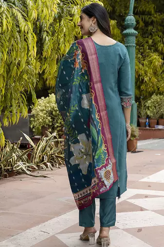 Viscose roman silk teal green festival wear embroidery work kurta set