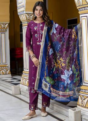Viscose roman silk wine festival wear embroidery work kurta set 1