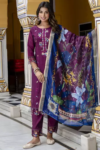 Viscose roman silk wine festival wear embroidery work kurta set