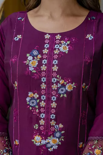 Viscose roman silk wine festival wear embroidery work kurta set