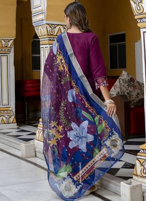Viscose roman silk wine festival wear embroidery work kurta set 4