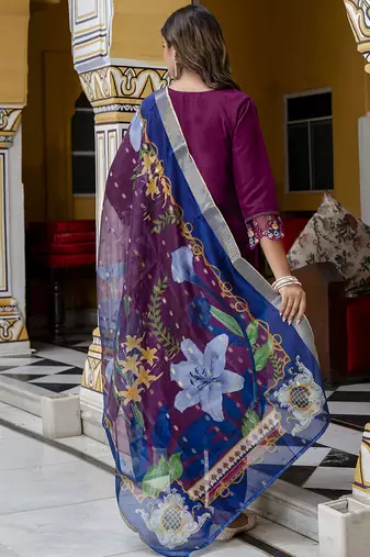 Viscose roman silk wine festival wear embroidery work kurta set