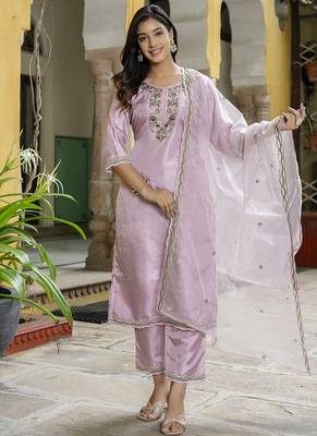 Silk blend baby pink casual wear embroidery work kurta set 1
