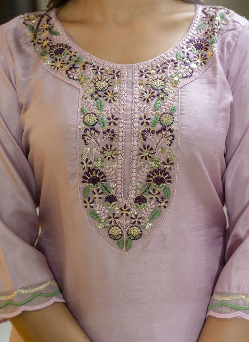 Silk blend baby pink casual wear embroidery work kurta set