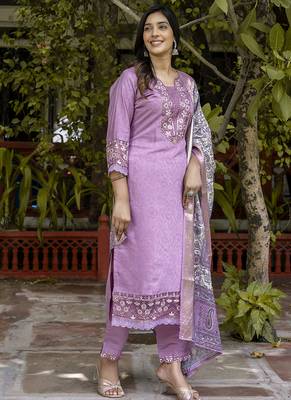 Silk blend lavender casual wear embroidery work kurta set 1