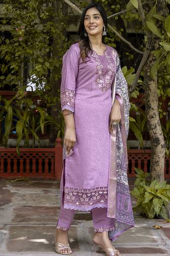 Silk blend lavender casual wear embroidery work kurta set