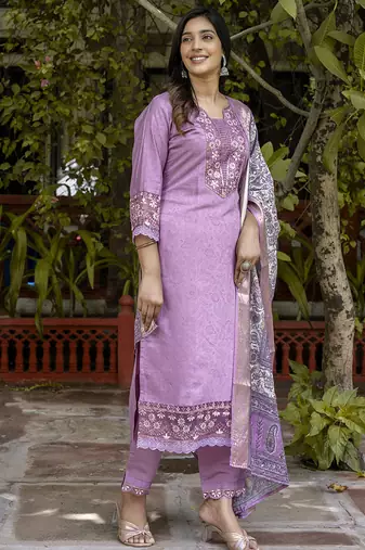 Silk blend lavender casual wear embroidery work kurta set