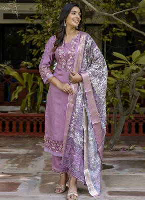 Silk blend lavender casual wear embroidery work kurta set 2
