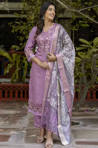 Silk blend lavender casual wear embroidery work kurta set