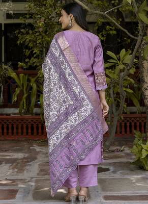 Silk blend lavender casual wear embroidery work kurta set 4