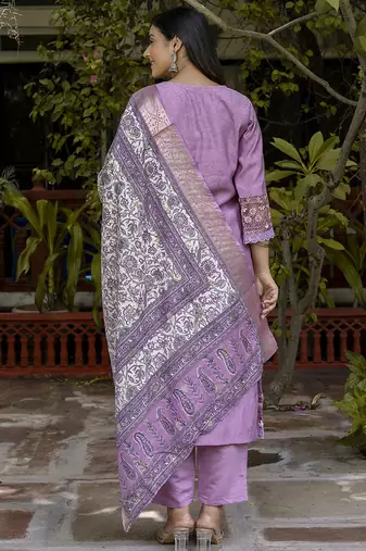 Silk blend lavender casual wear embroidery work kurta set