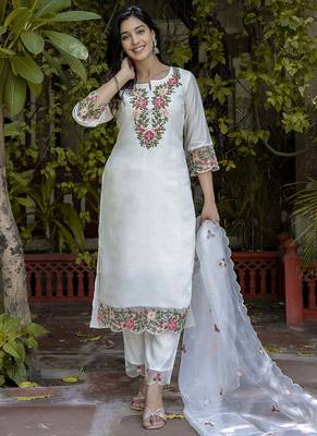 Silk blend white casual wear embroidery work kurta set 1