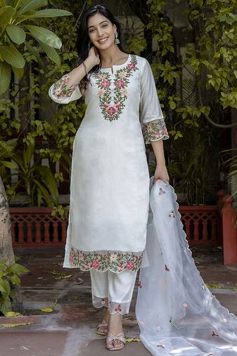 Silk blend white casual wear embroidery work kurta set