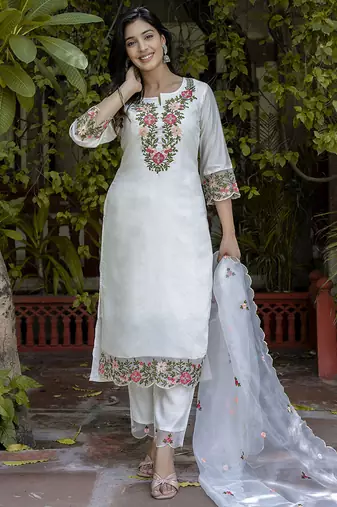 Silk blend white casual wear embroidery work kurta set