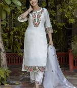 Silk blend white casual wear embroidery work kurta set