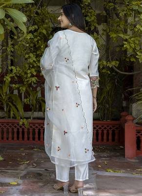 Silk blend white casual wear embroidery work kurta set 3