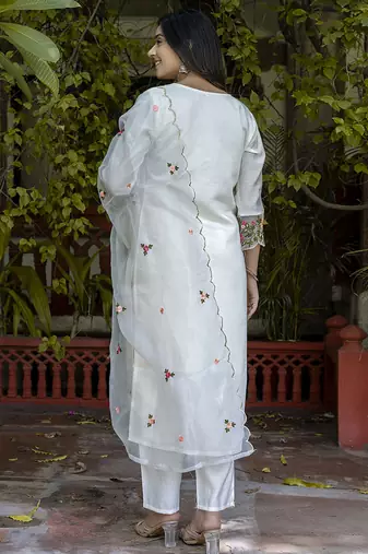 Silk blend white casual wear embroidery work kurta set