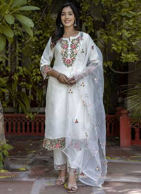 Silk blend white casual wear embroidery work kurta set 4