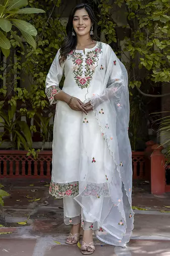 Silk blend white casual wear embroidery work kurta set