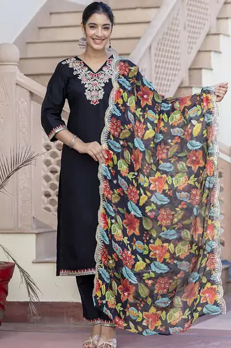 Silk blend black casual wear embroidery work kurta set