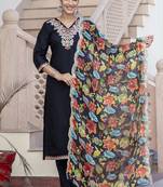 Silk blend black casual wear embroidery work kurta set