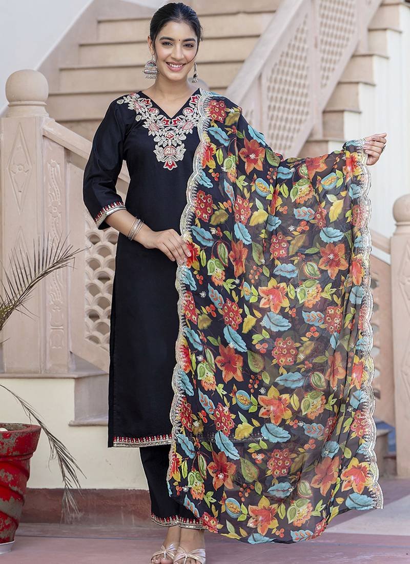 Silk blend black casual wear embroidery work kurta set