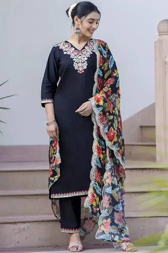 Silk blend black casual wear embroidery work kurta set