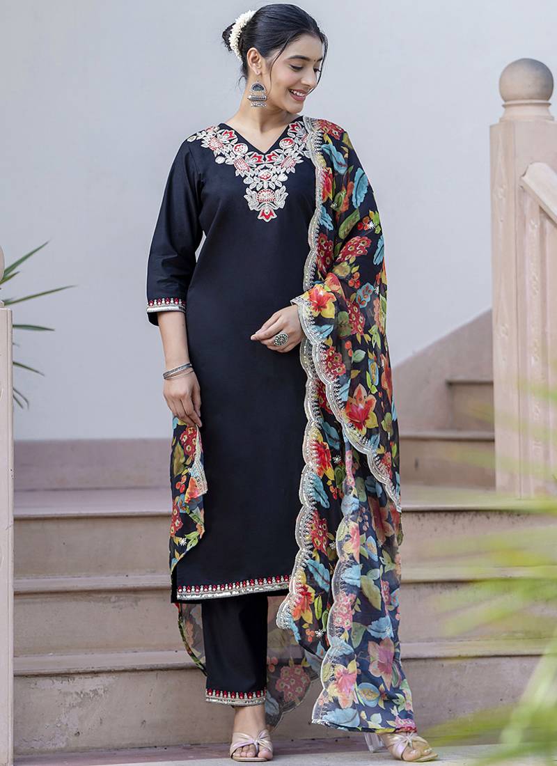 Silk blend black casual wear embroidery work kurta set
