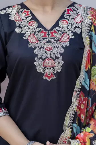 Silk blend black casual wear embroidery work kurta set