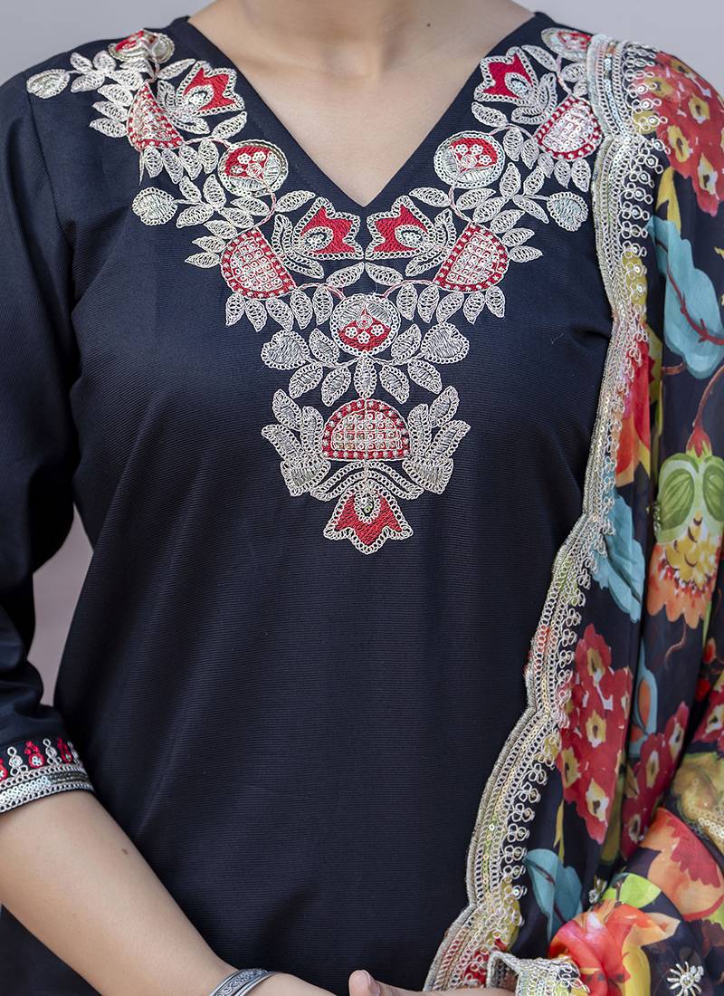 Silk blend black casual wear embroidery work kurta set