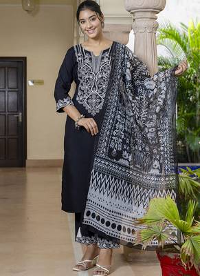 Silk blend black casual wear embroidery work kurta set 1