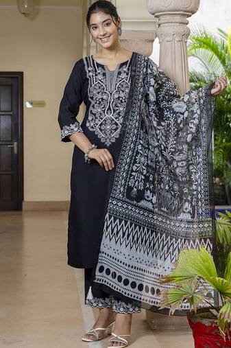 Silk blend black casual wear embroidery work kurta set