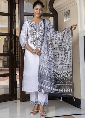 Silk blend white casual wear embroidery work kurta set 1