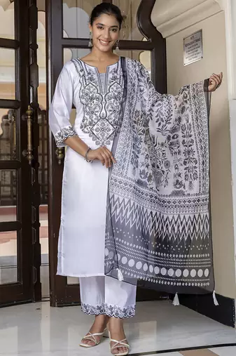 Silk blend white casual wear embroidery work kurta set