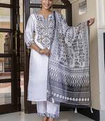 Silk blend white casual wear embroidery work kurta set
